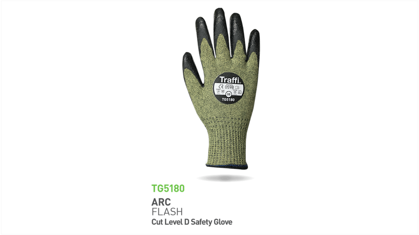 Traffi Green Acrylic, Aramid, Glass Fibre Abrasion Resistant, Chemical Resistant, Extra Grip Work Gloves, Size 7,