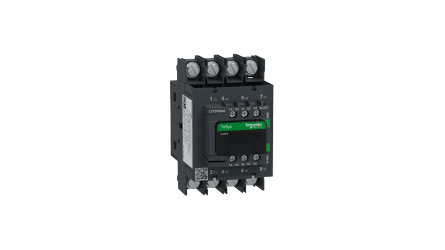 Schneider Electric TeSys D LC1D Contactor, 24-60 V Coil, 4-Pole, 80 A, 1 NO + 1 NC