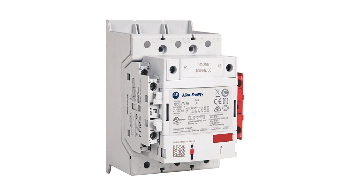 Allen Bradley 100S-E116KJ12C 100S-E Safety Contactors Contactor, 24 → 60 V ac Coil, 3-Pole, 116 A, 1NC