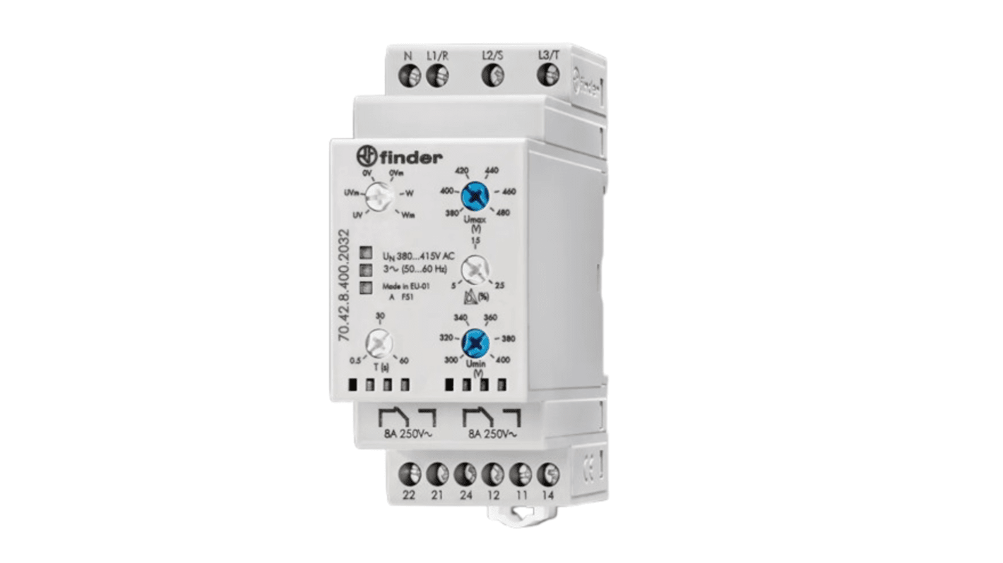 Finder Voltage Monitoring Relay, 3 Phase, DPDT