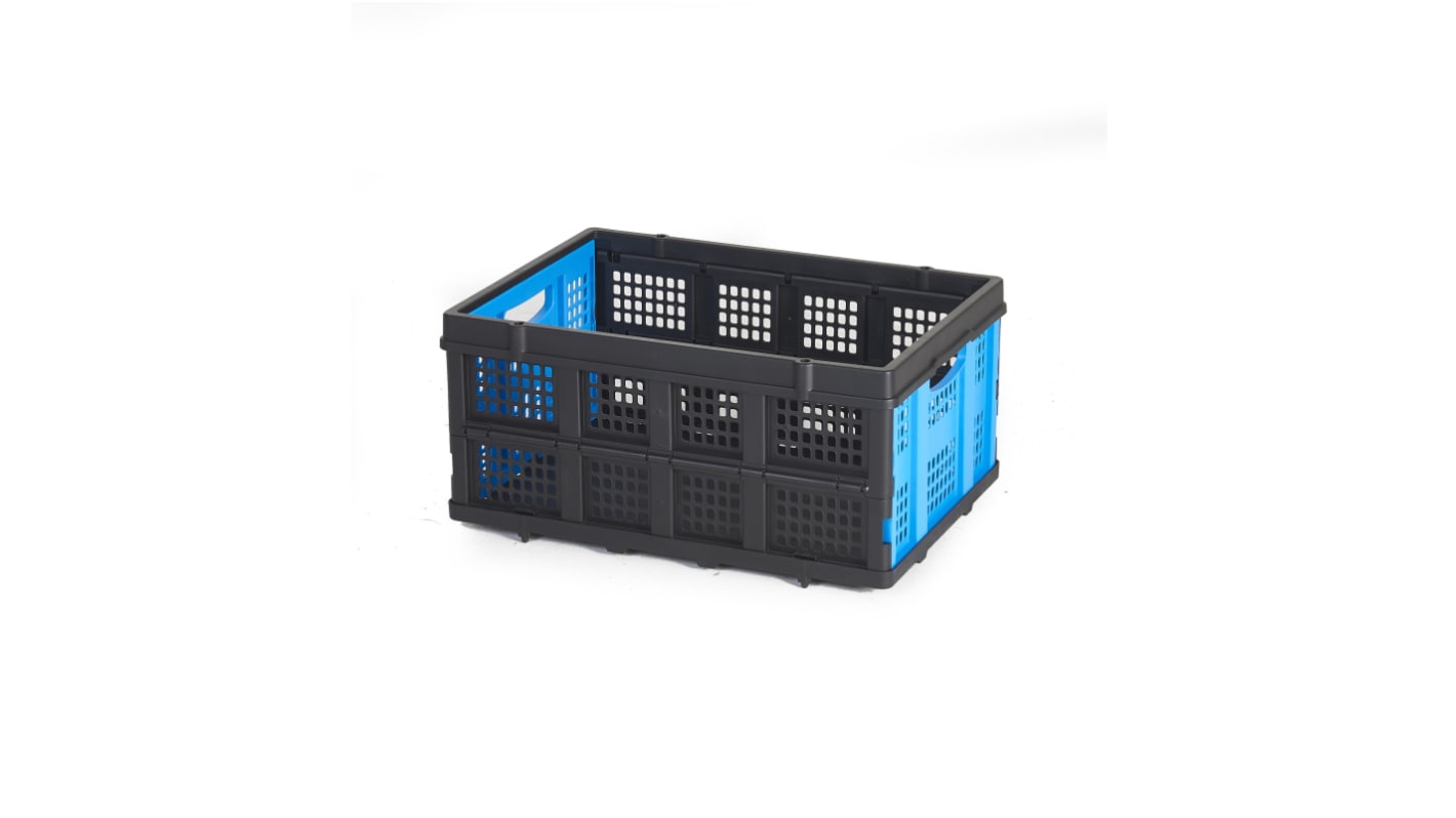 RS PRO Black, Blue Plastic Folding Crate, 260mm x 400mm x 560mm