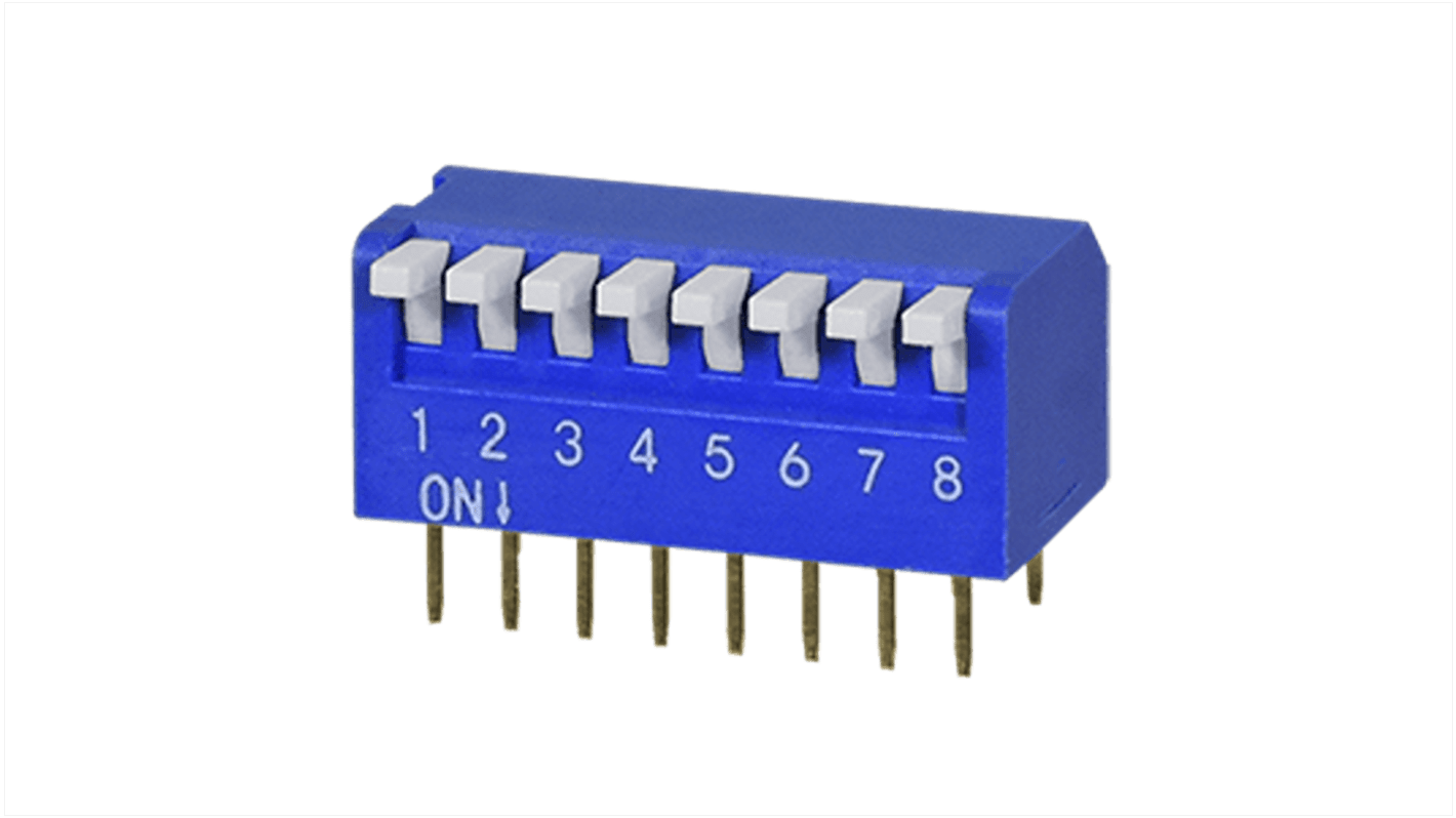 Interruptor DIP, SPST, Montaje en orificio pasante, Actuador Actuador elevado, 8 vías