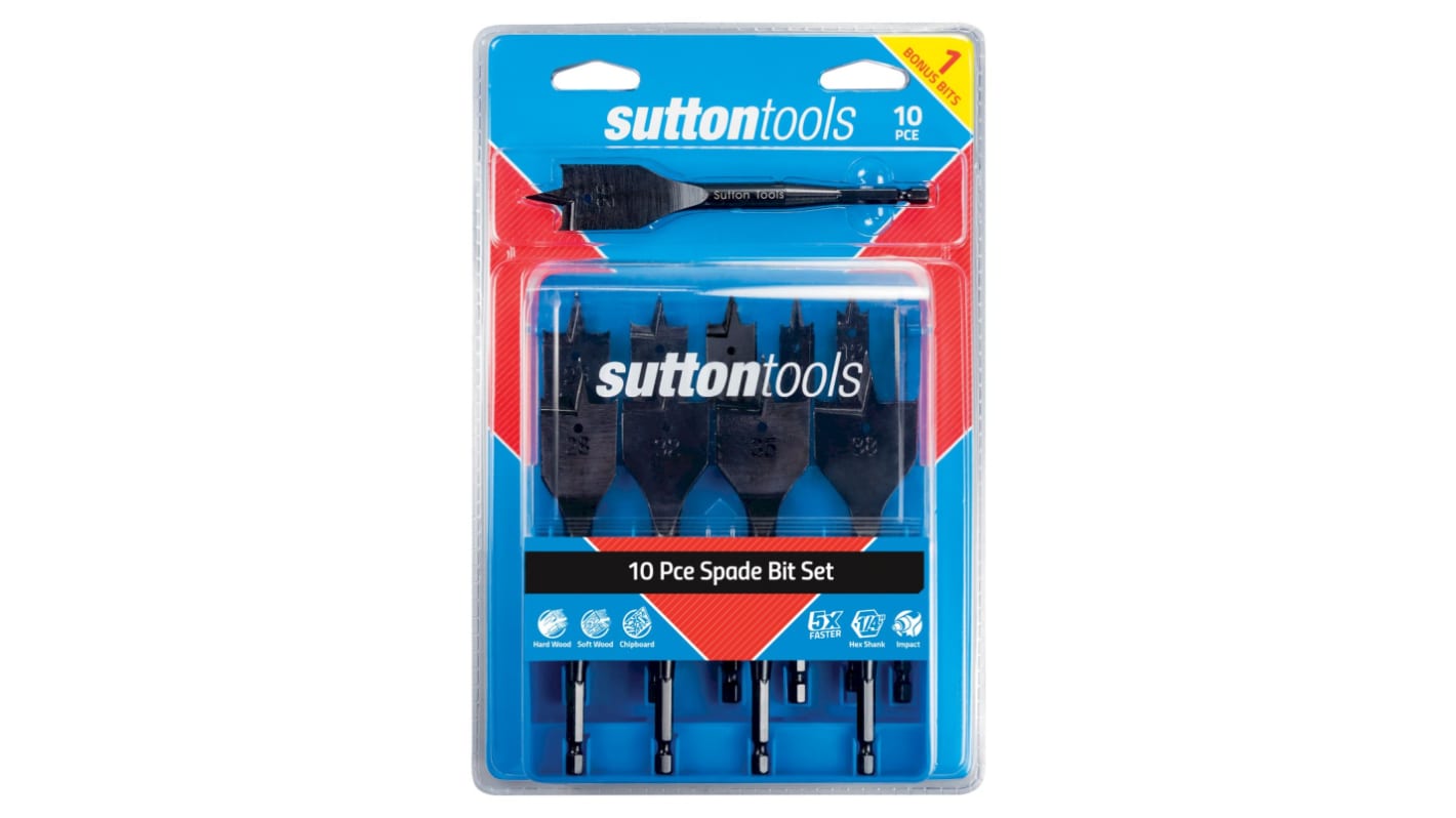 Sutton Tools 10-Piece Spade Bit Set for Multi-Material, 38mm Max, 10mm Min, Carbon Steel Bits