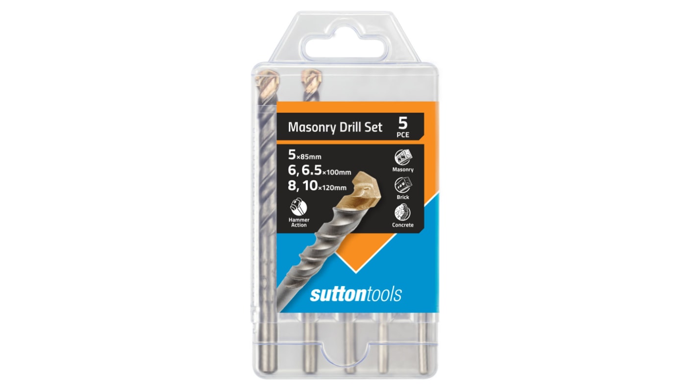 Sutton Tools 5-Piece Masonry Drill Bit Set for Masonry, 10mm Max, 5mm Min, Tungsten Carbide Tip Bits