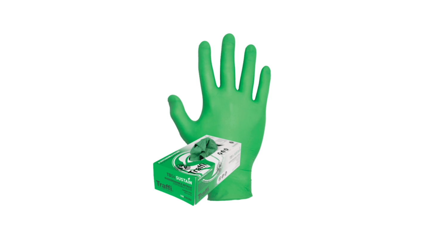 Traffi 使い捨て手袋 耐薬品性, 耐グリース性, 耐油性 100入り 緑, パウダーフリー, サイズ：S
