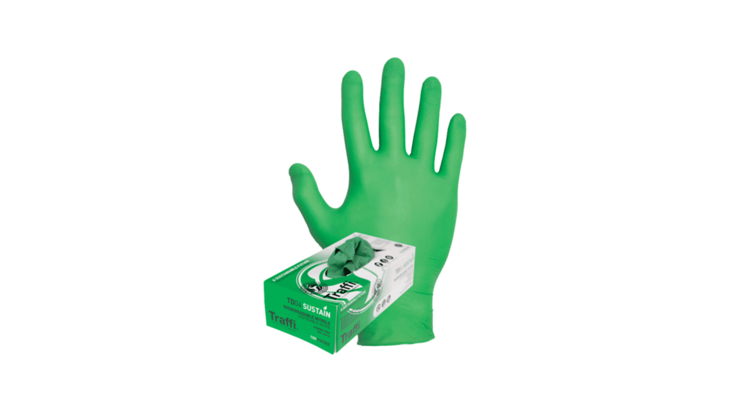 Traffi TD04 Green Powder-Free Nitrile Disposable Gloves, Size S, 100 per Pack