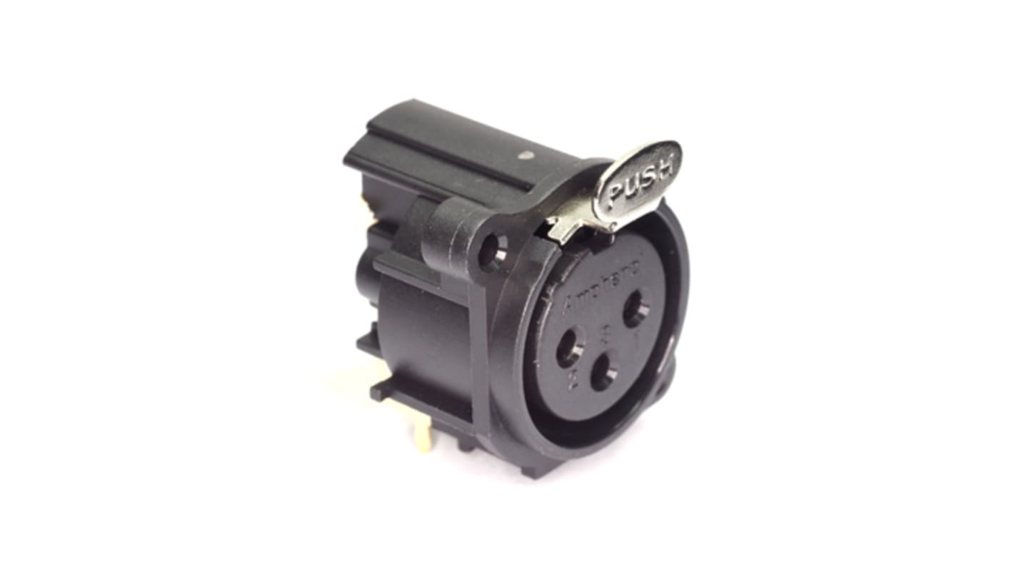 Amphenol Industrial Chassis Mount XLR Connector, Horizontal, Female, IP40, 133 V, 3 Way, Gold over Nickel Plating