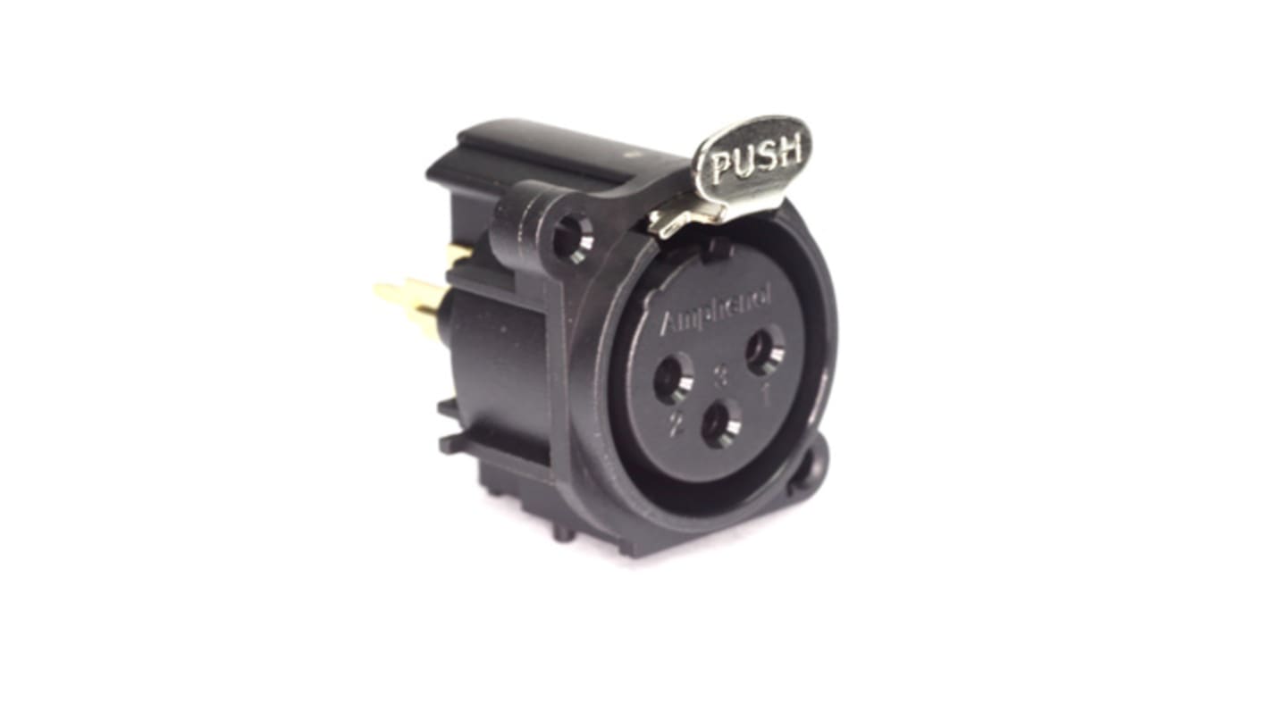 Amphenol Industrial Chassis Mount XLR Connector, Vertical, Female, IP40, 133 V, 3 Way, Gold over Nickel Plating