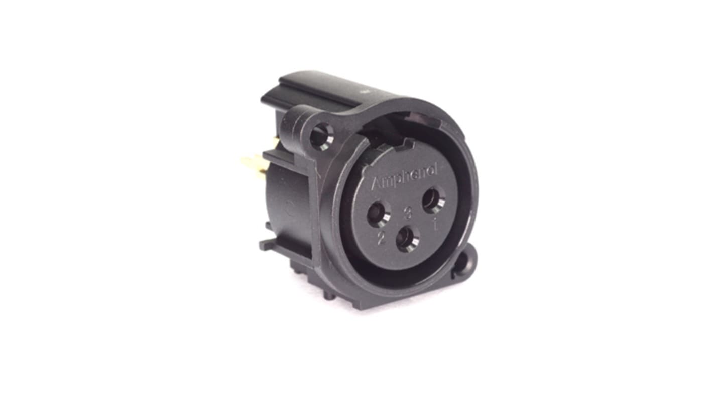Amphenol Industrial Chassis Mount XLR Connector, Vertical, Female, IP40, 133 V, 3 Way, Gold over Nickel Plating