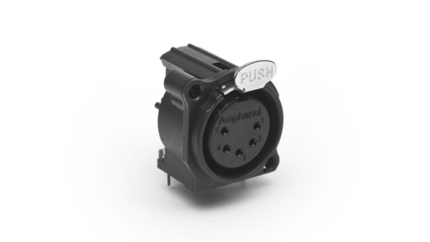 Amphenol Industrial Chassis Mount XLR Connector, Horizontal, Female, IP40, 133 V, 5 Way, Gold over Nickel Plating
