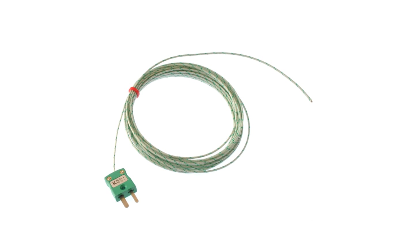 RS PRO K型外露结点热电偶, 探头Φ1/0.3mm x 2m, 可测+350°C, 线长2m, 微型插头接端, 玻璃纤维探头