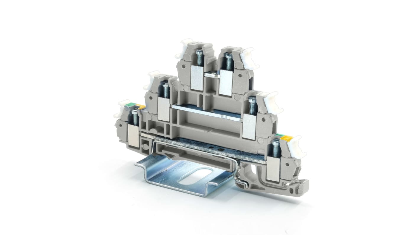Bloque terminal de tierra, 3 vías, Abrazadera de Caja, 26 → 14 AWG, Carril DIN, Gris