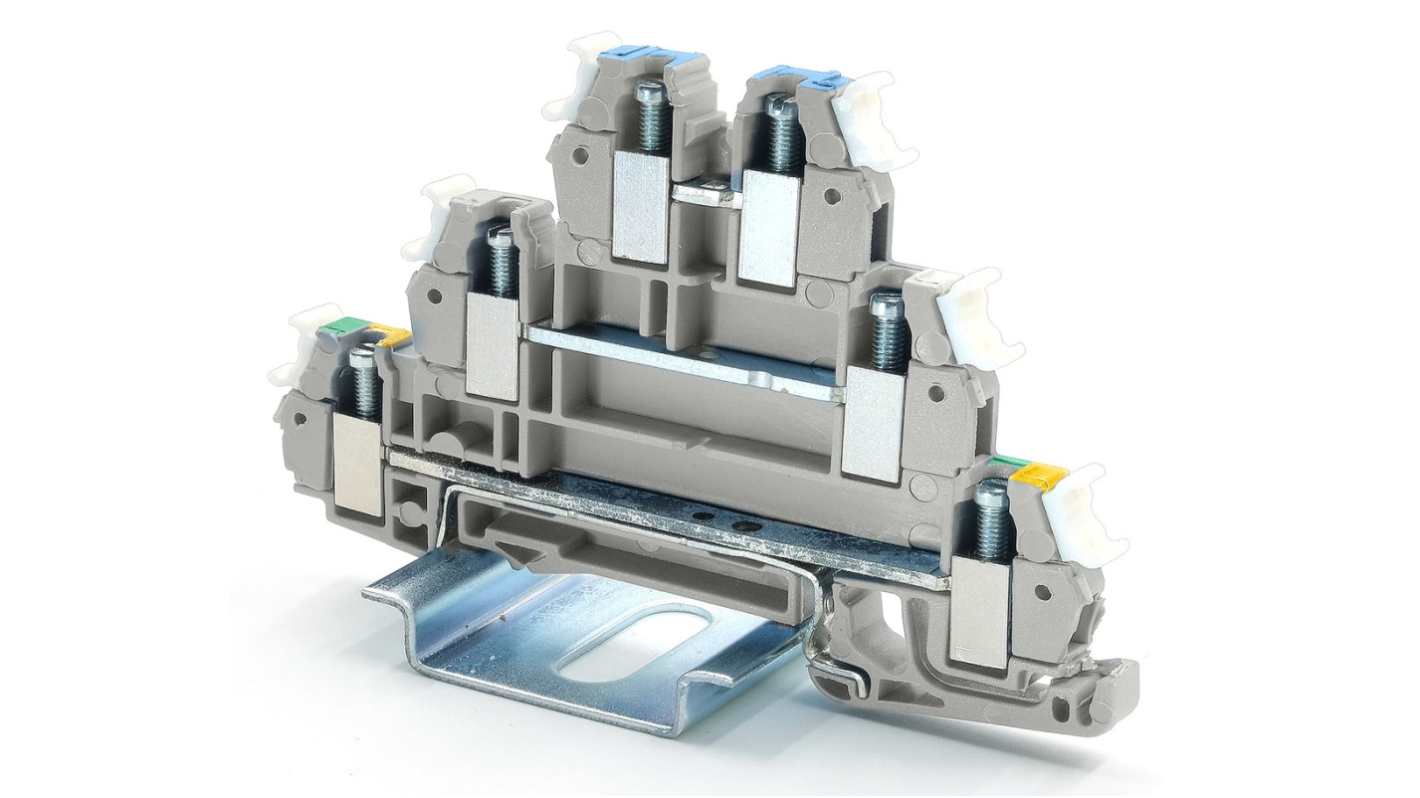 Bloque terminal de tierra, 3 vías, Abrazadera de Caja, 26 → 14 AWG, Carril DIN, Gris