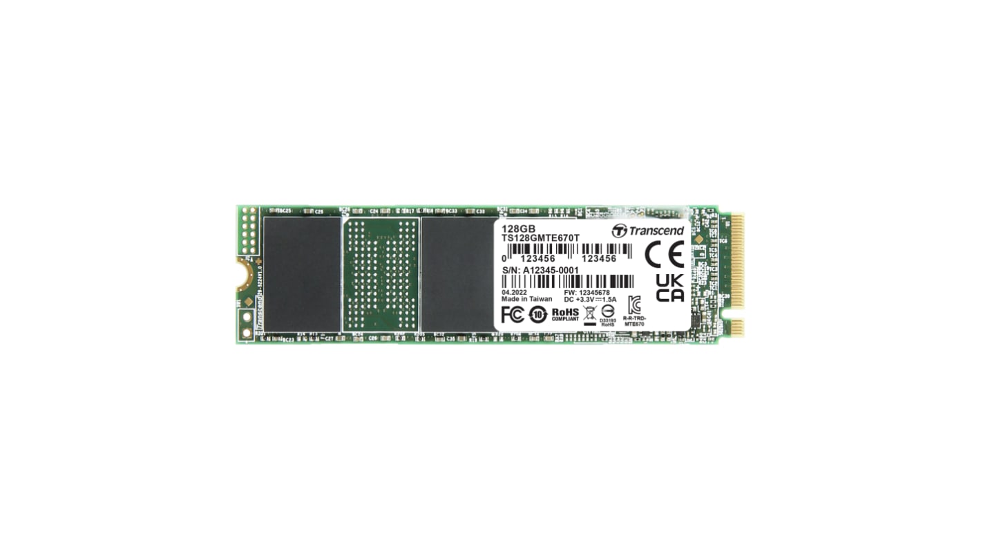 Transcend MTE670T, M.2 2280 Intern HDD-Festplatte NVMe PCIe Gen 3 x 4 Industrieausführung, 3D TLC, 128 GB, SSD