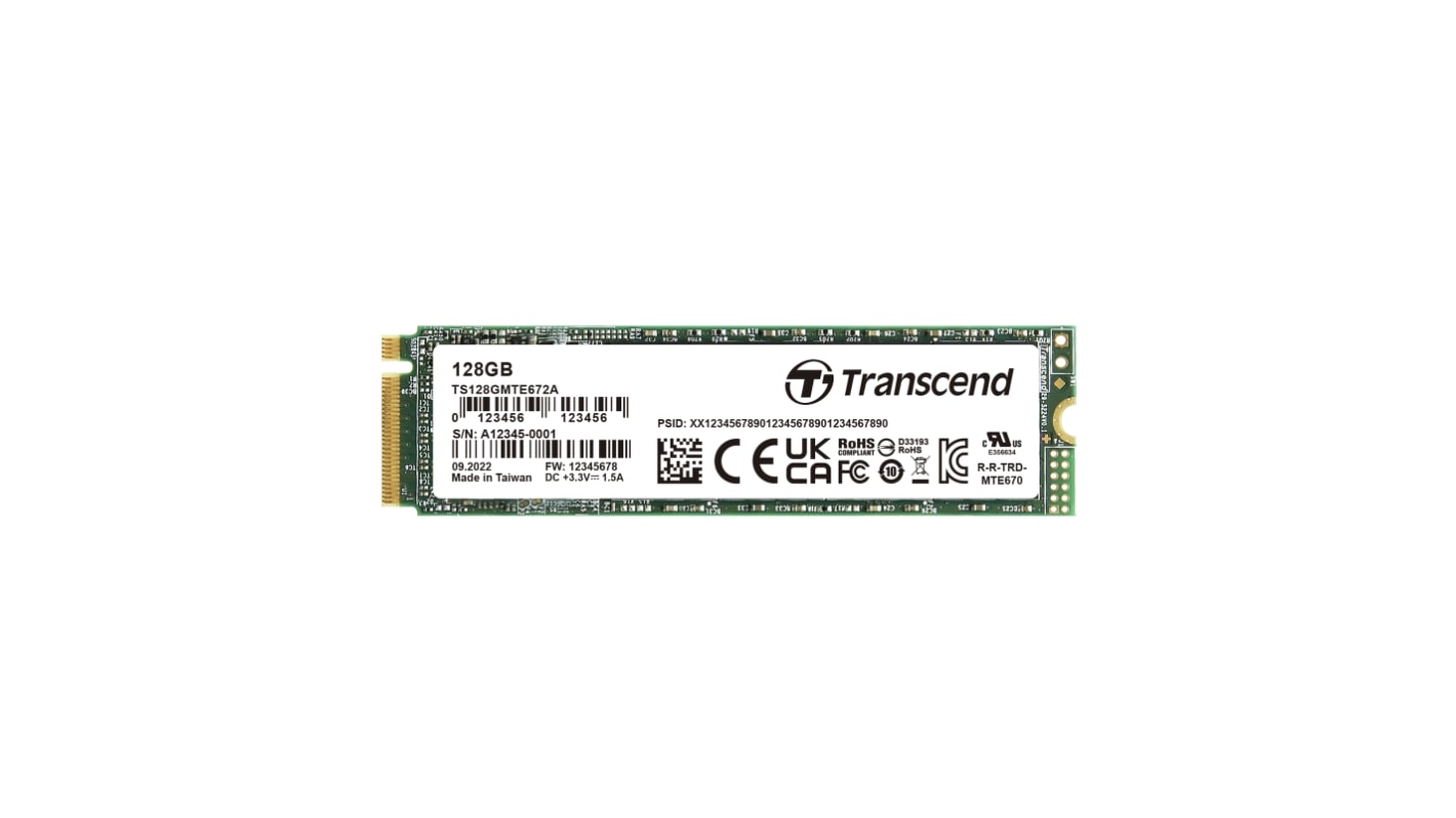 Transcend MTE672 A, M.2 2280 Intern HDD-Festplatte NVMe PCIe Gen 3 x 4 Industrieausführung, 3D TLC, 128 GB, SSD