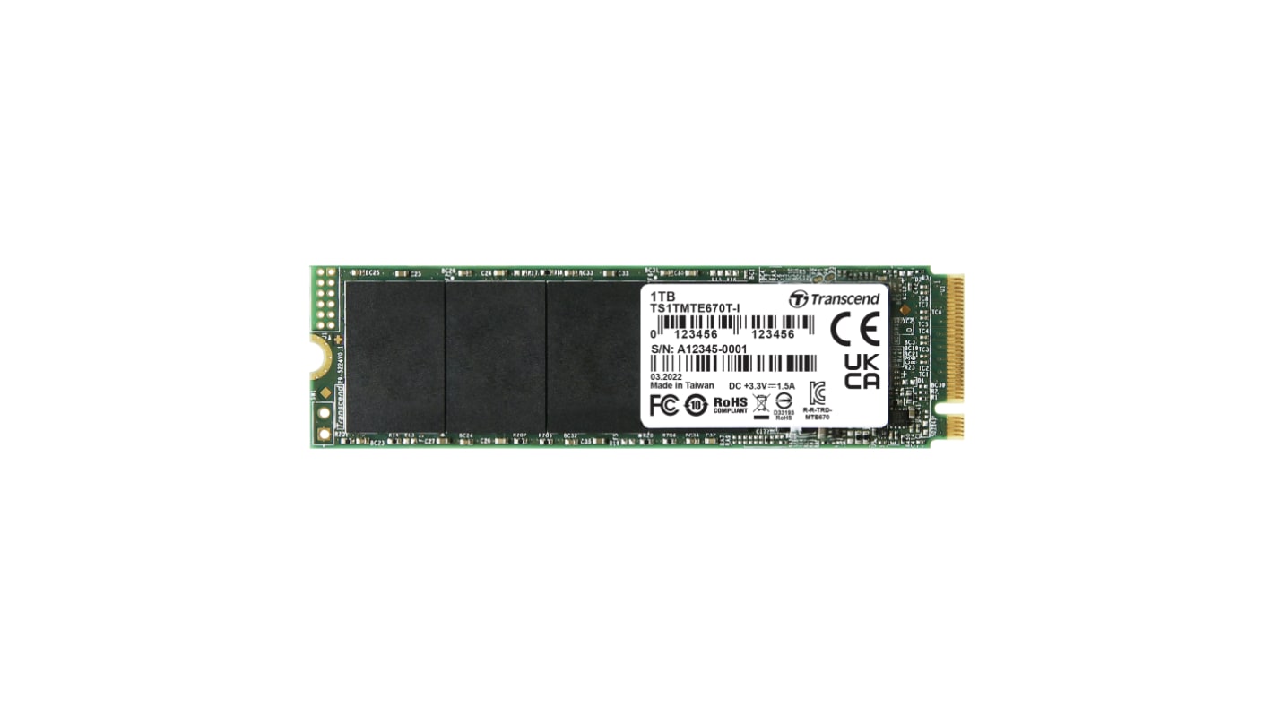 Transcend MTE670T-I, M.2 2280 Intern HDD-Festplatte NVMe PCIe Gen 3 x 4 Industrieausführung, 3D TLC, 1 TB, SSD