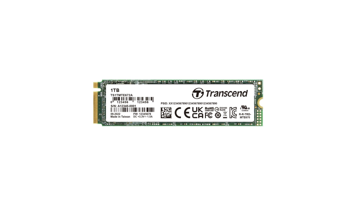 Transcend MTE672 A, M.2 2280 Intern HDD-Festplatte NVMe PCIe Gen 3 x 4 Industrieausführung, 3D TLC, 1 TB, SSD