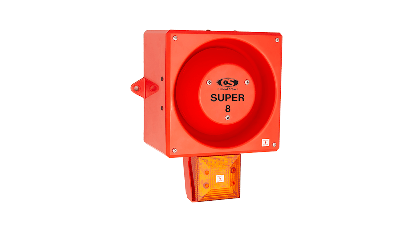 Clifford & Snell YL80 Hi Vis Series Amber Sounder Beacon, 24 V dc, IP66, Bulkhead, Flat Wall, 116dB at 1 Metre