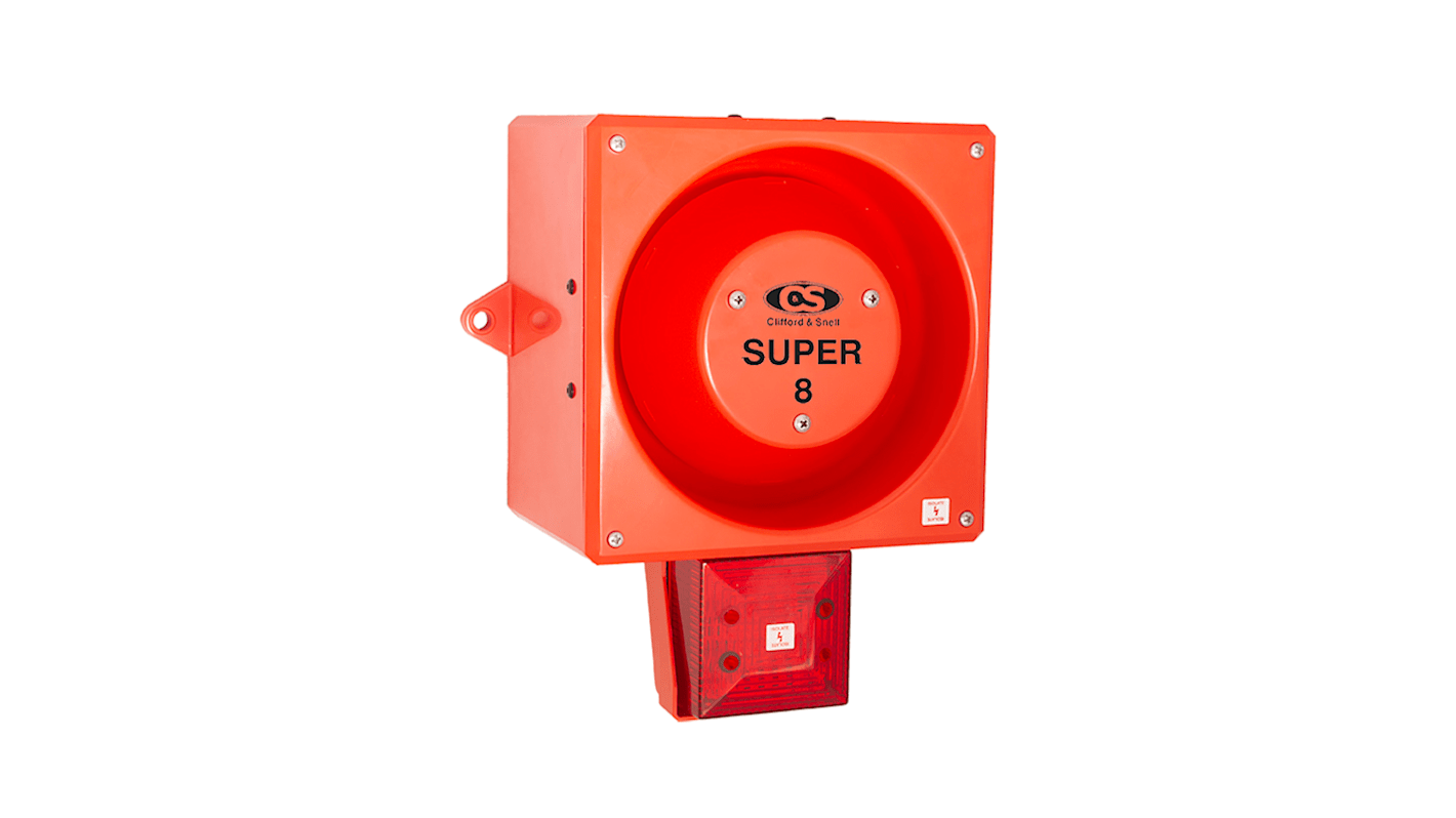 Clifford & Snell YL80 Hi Vis Series Red Sounder Beacon, 48 V dc, IP66, Bulkhead, Flat Wall, 116dB at 1 Metre