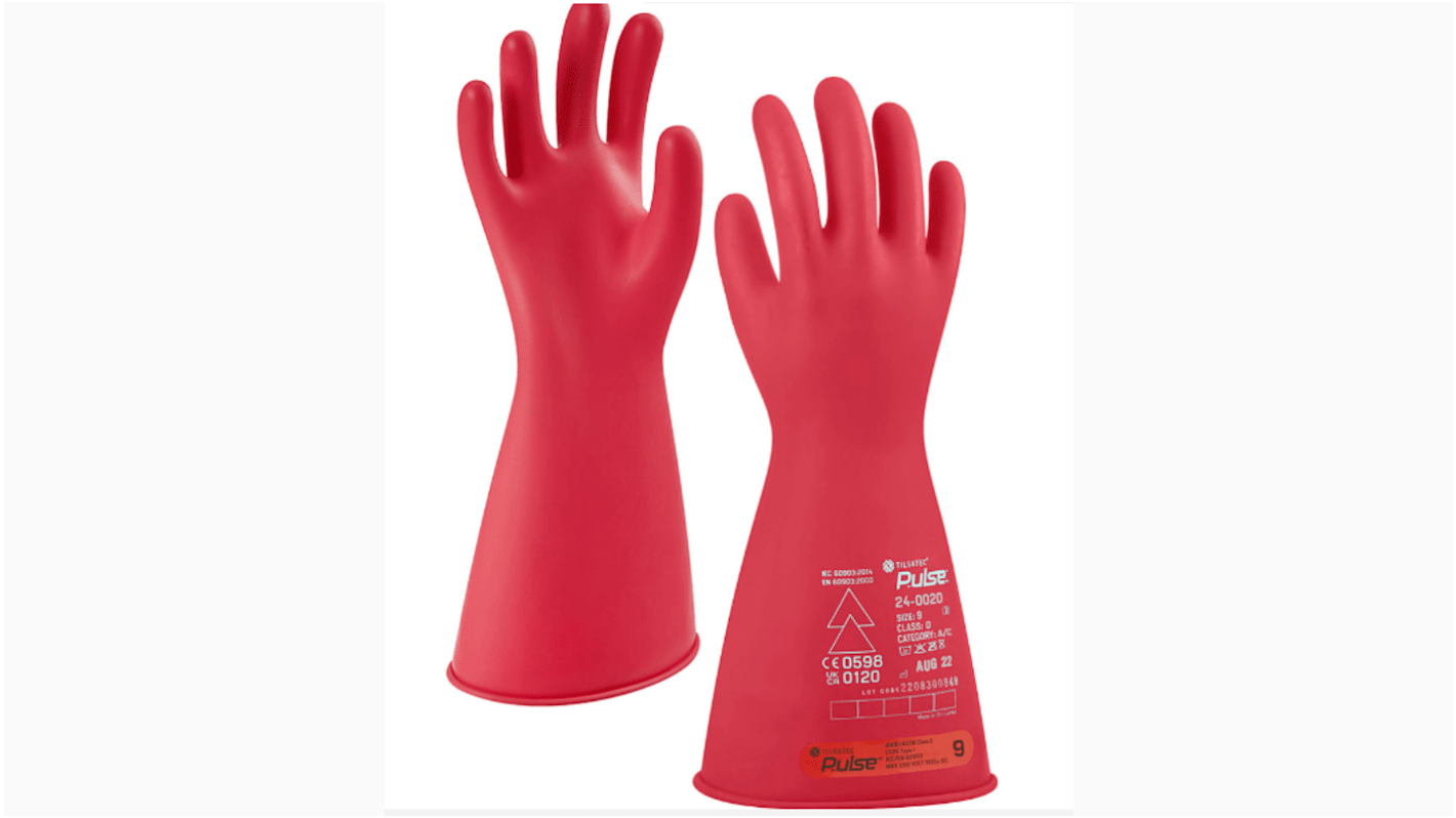 Tilsatec Pulse Red Rubber Electrical Safety Electrical Insulating Gloves, Size 8, Medium, Latex Coating