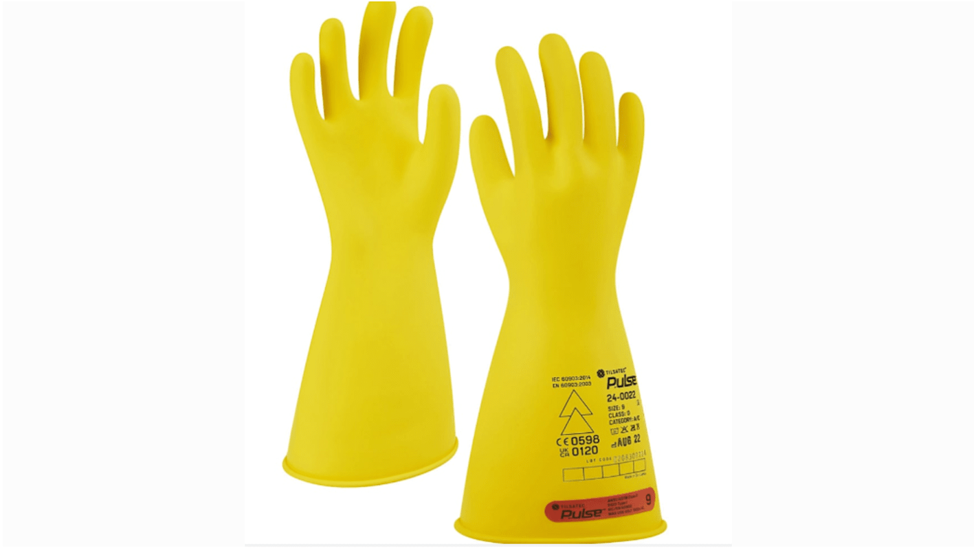 Tilsatec Pulse Yellow Rubber Electrical Safety Electrical Insulating Gloves, Size 9, Large, Latex Coating