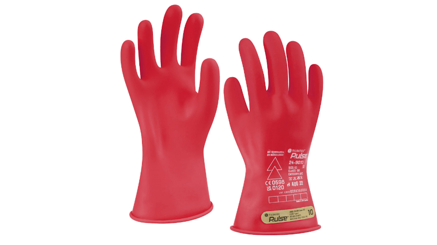 Tilsatec Pulse Red Rubber Electrical Safety Electrical Insulating Gloves, Size 9, Large, Latex Coating