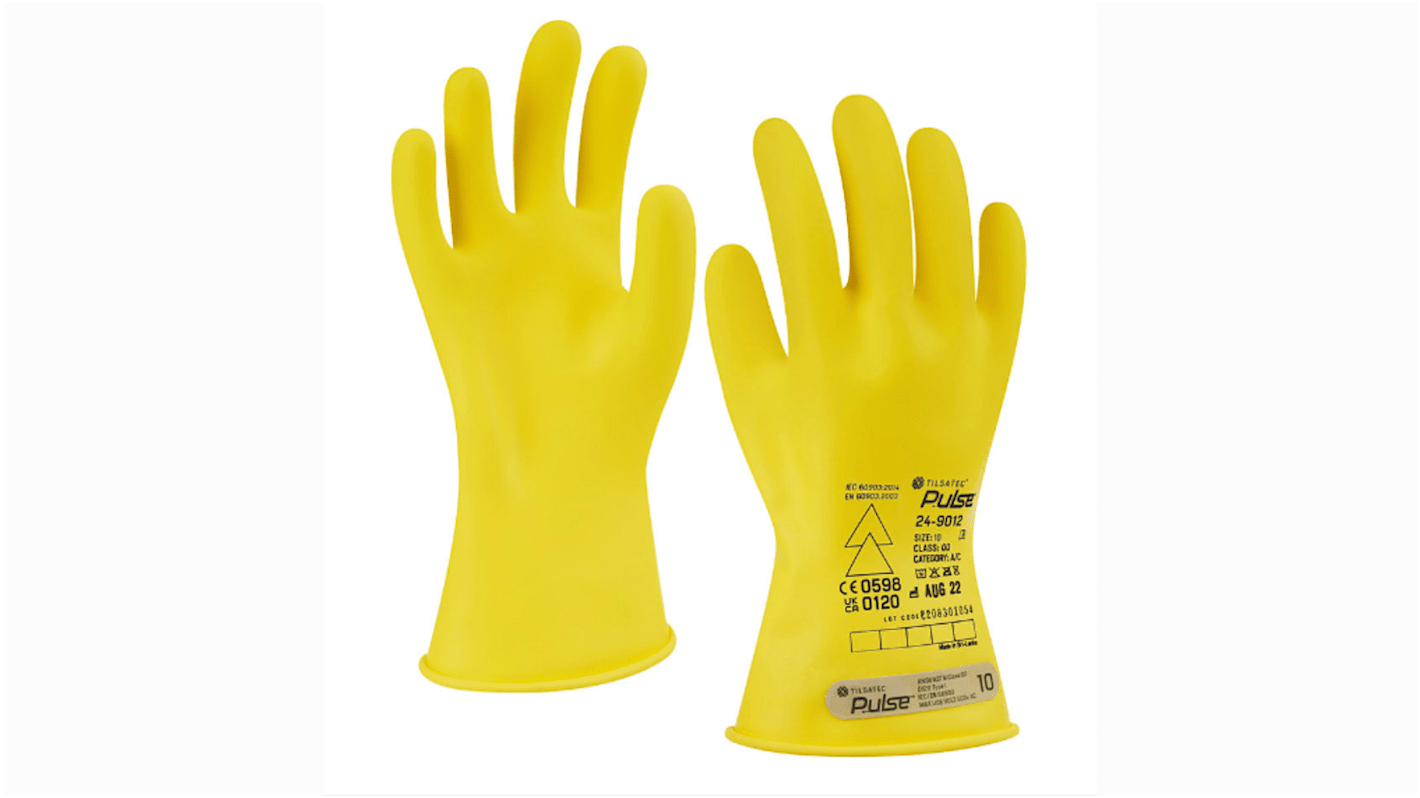 Tilsatec Pulse Yellow Rubber Electrical Safety Electrical Insulating Gloves, Size 10, Latex Coating