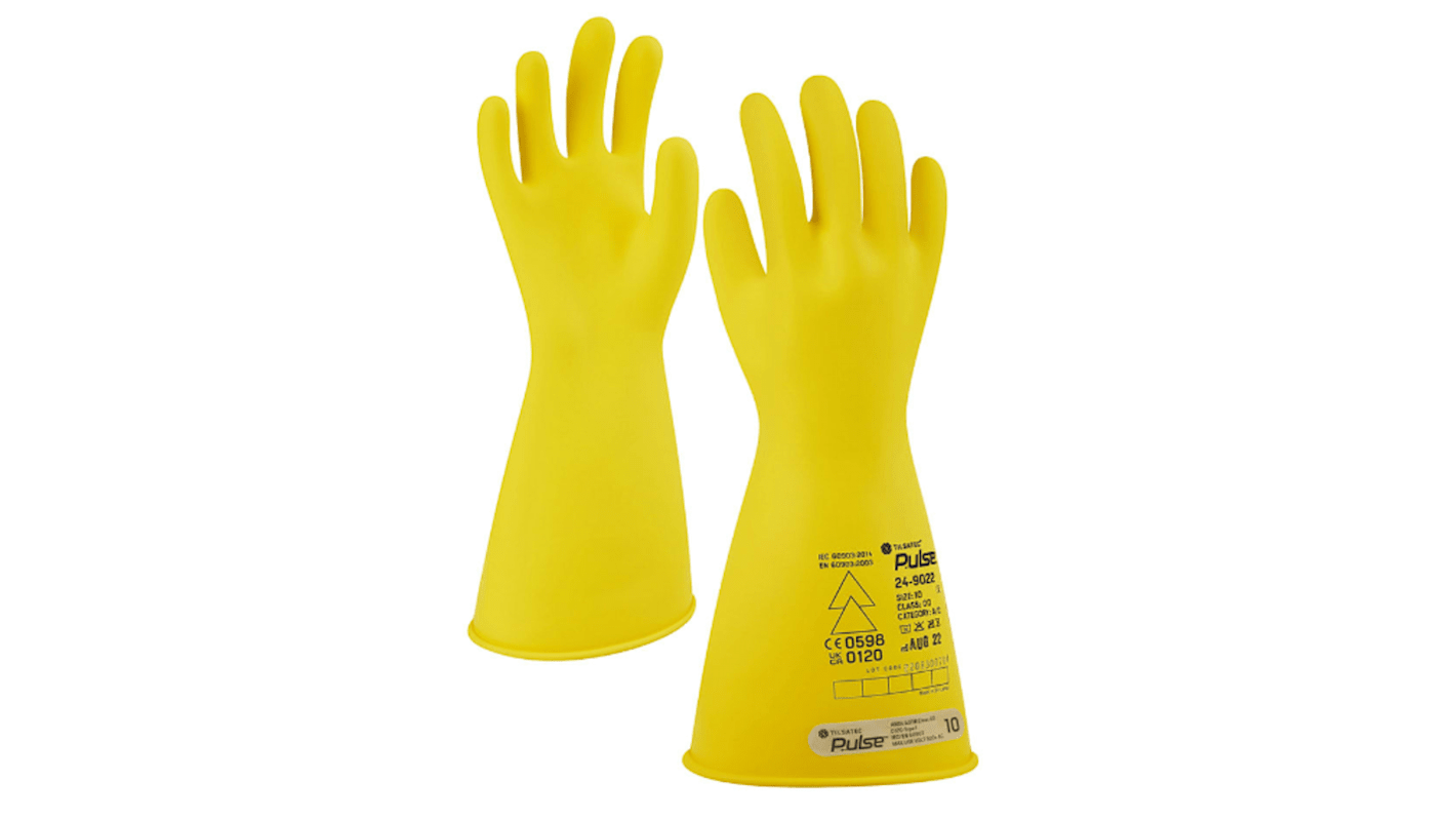 Tilsatec Pulse Yellow Rubber Electrical Safety Electrical Insulating Gloves, Size 8, Latex Coating