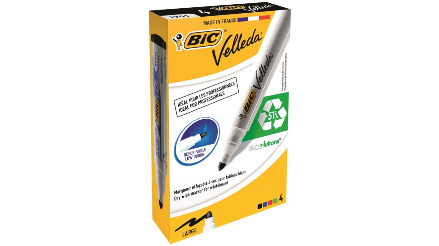 BIC 黑色，蓝色，绿色，红色，白色白板笔, 4支装, 圆头笔尖, 1.5 mm笔尖大小