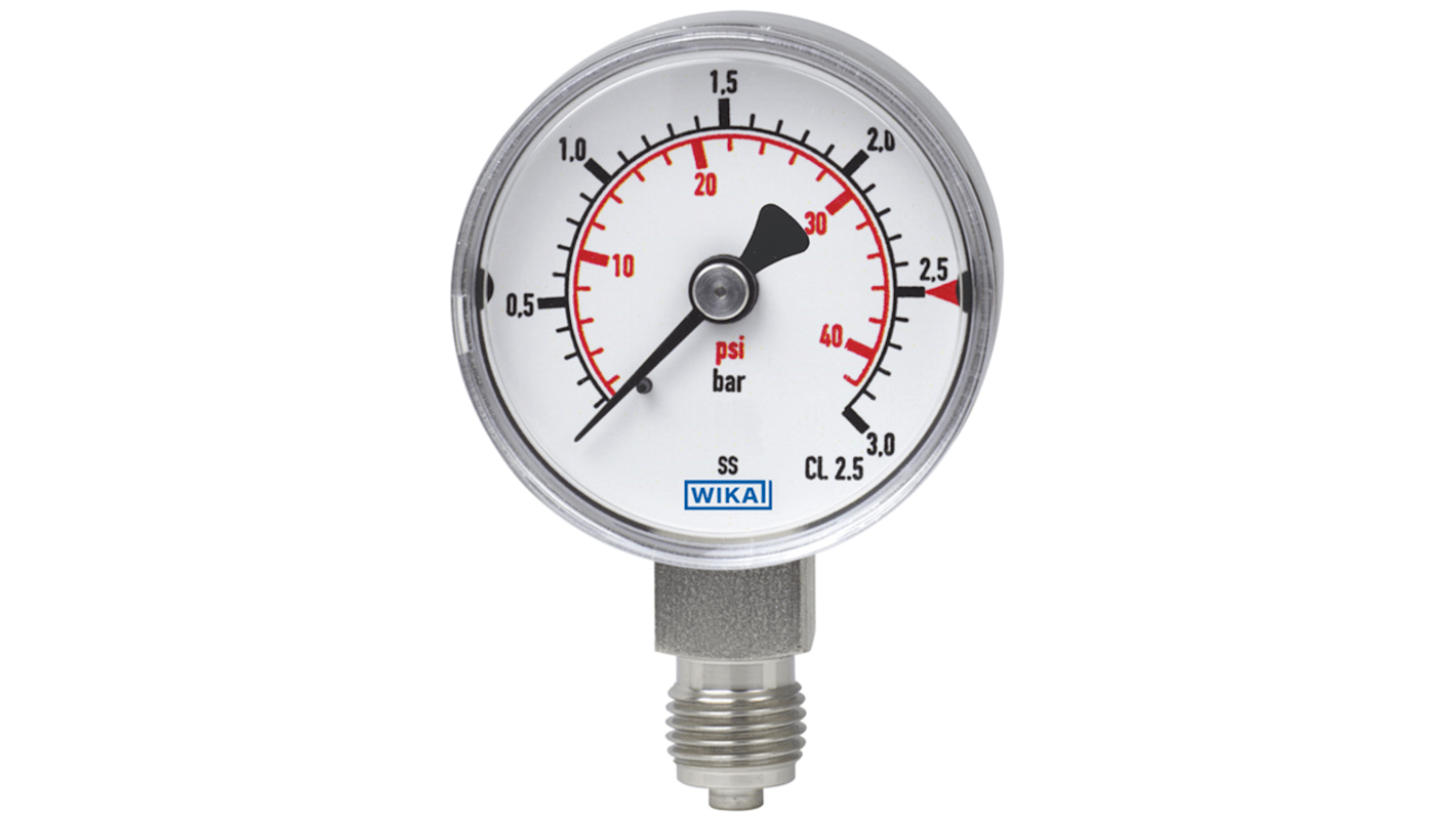 WIKA 131.11 Druckmessgerät Prozessanschluss unten Analog -1bar → 1.5bar, Ø 50mm NPT1/4