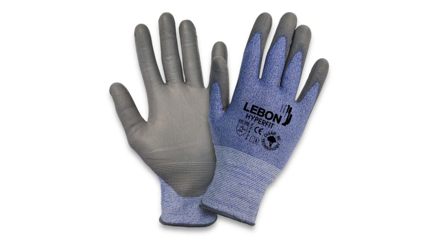 Lebon Protection HYPERFIT-8 Black, Blue Elastane, HPPE, Polyamide Abrasion Resistant, Cut Resistant, General Purpose,