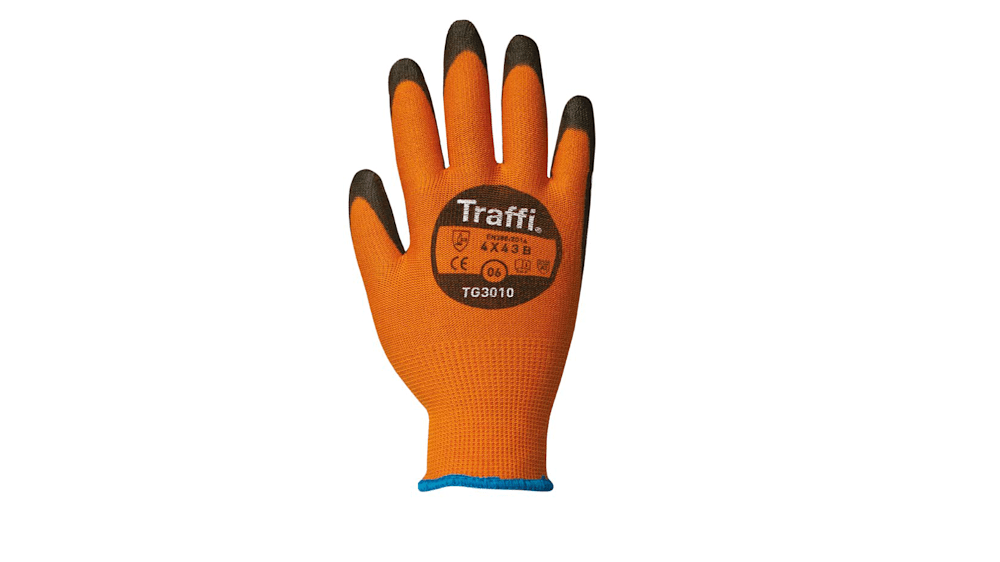 Traffi Classic Orange Elastane, HPPE, Nylon General Purpose General Handling Gloves, Size 8, Polyurethane Coating