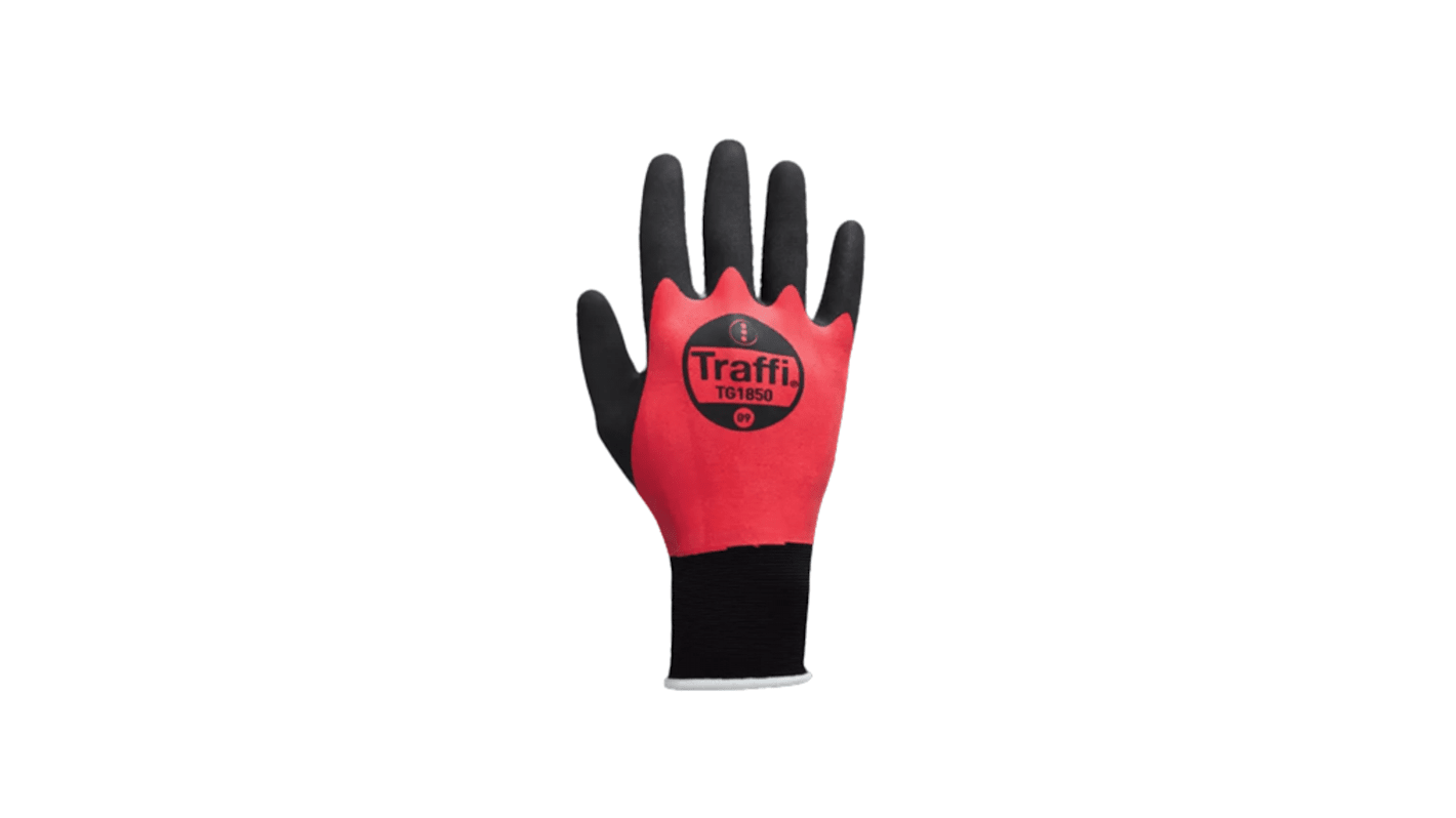 Traffi TG1850 Black/Red Elastane, Nylon Safety Gloves, Size 7, Natural Rubber Coating