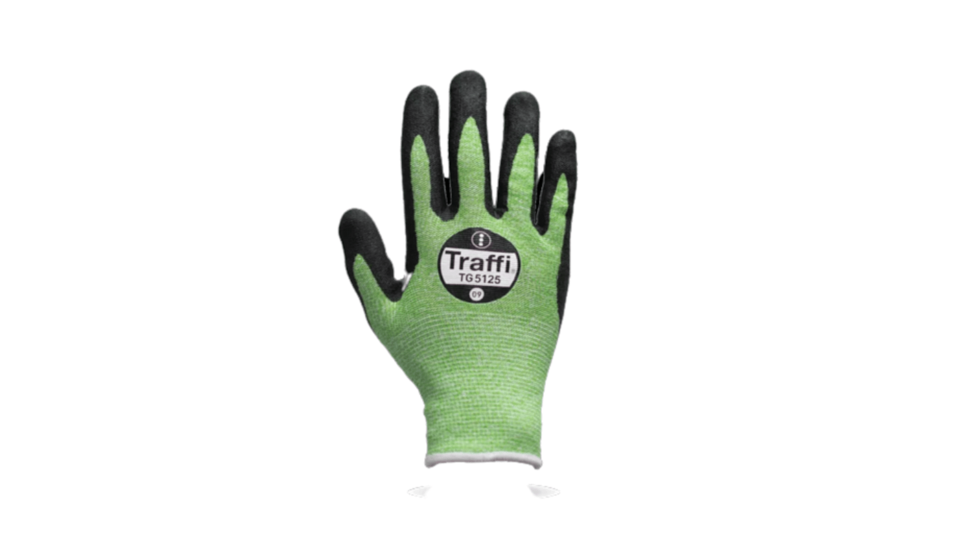 Traffi TG5125 Black, Green Cotton, Elastane, HPPE, Polyester, Steel Safety Gloves, Size 11, Nitrile Foam Coating