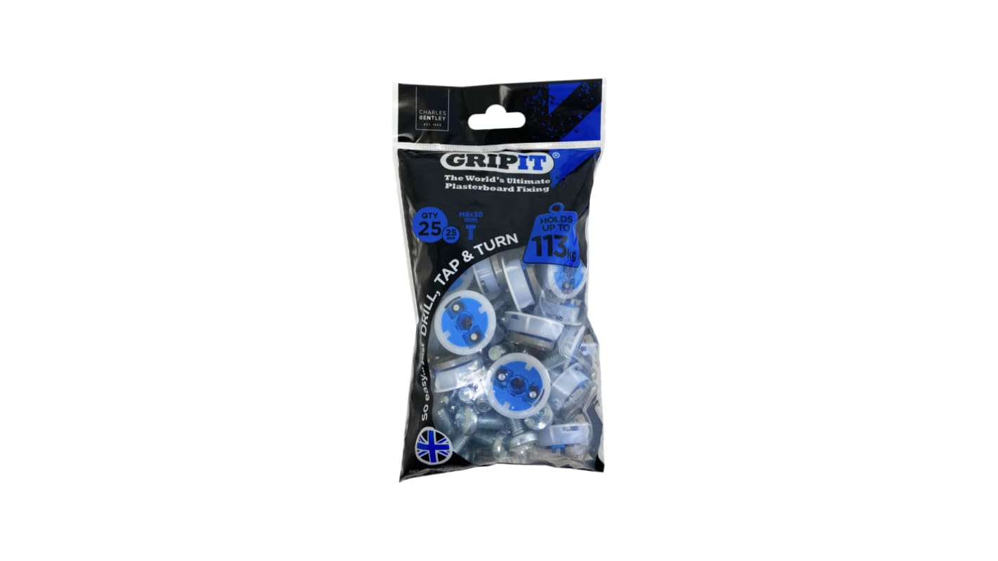 Gripit Blue Plastic, Steel Plasterboard Fixings, 25mm fixing hole diameter
