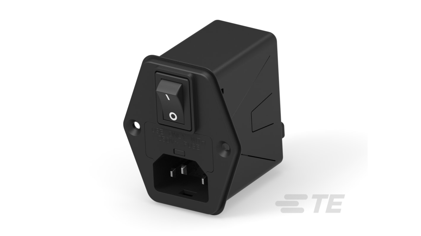 TE Connectivity 6A, 120 → 250 V ac Male Vertical Mount IEC Inlet Filter 2 Pole 6HPENS1-HG, Faston 1 Fuse