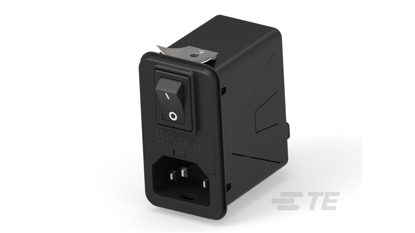 TE Connectivity 6A, 120 → 250 V ac Male Snap-In IEC Inlet Filter 2 Pole 6HPSNS1, Snap In 1 Fuse