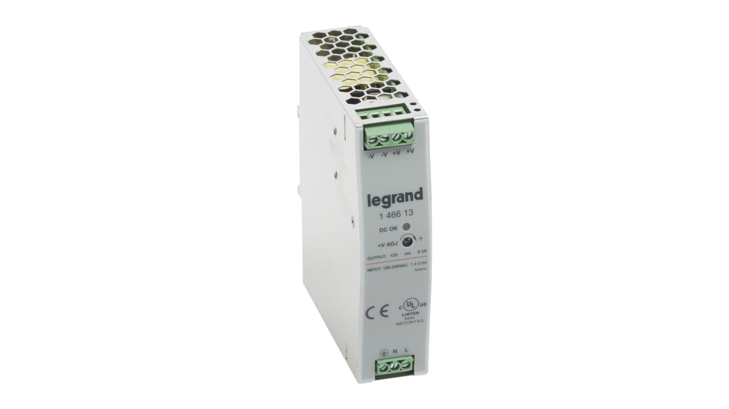 Legrand Switching Power Supply, 1 466 13, 12V dc, 6.3A, 75W, 100 → 240V ac Input Voltage