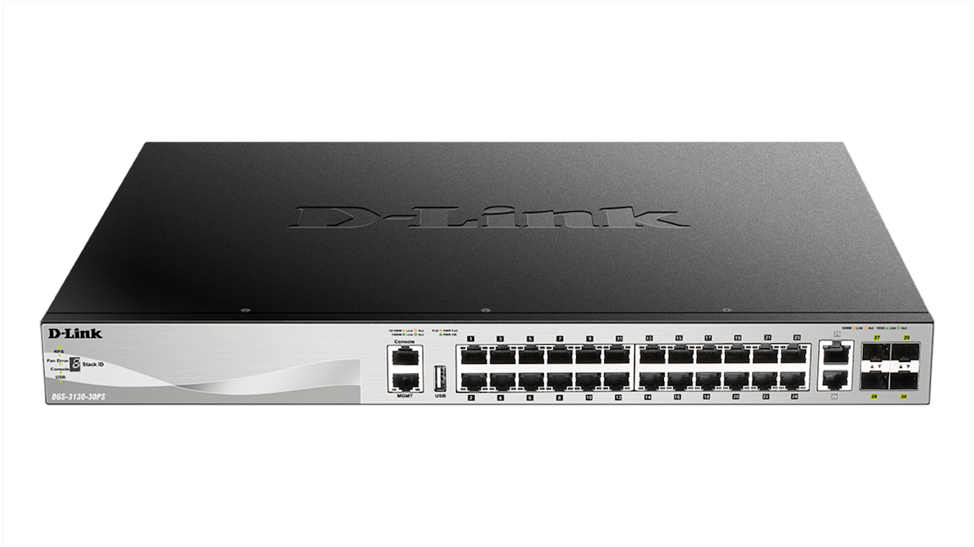 Switch de red D-Link para montaje en rack con PoE, 30 puertos, Gigabit, 10/100/1000Mbit/s, 26 RJ45, 4 SFP