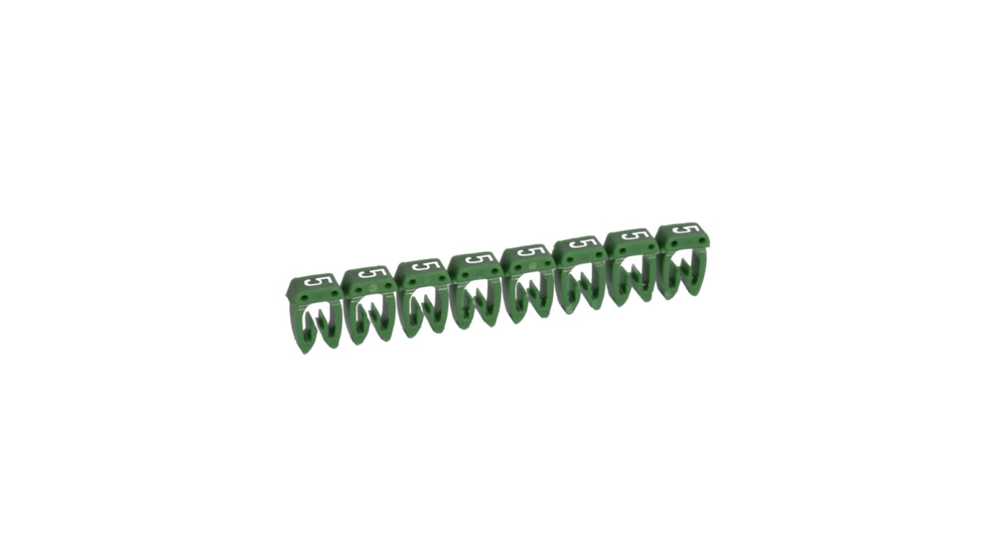 Legrand CAB3 Clip On Cable Marker, White on Green, Pre-printed "5", 3.8 → 5mm Cable, for Marking of Wiring,