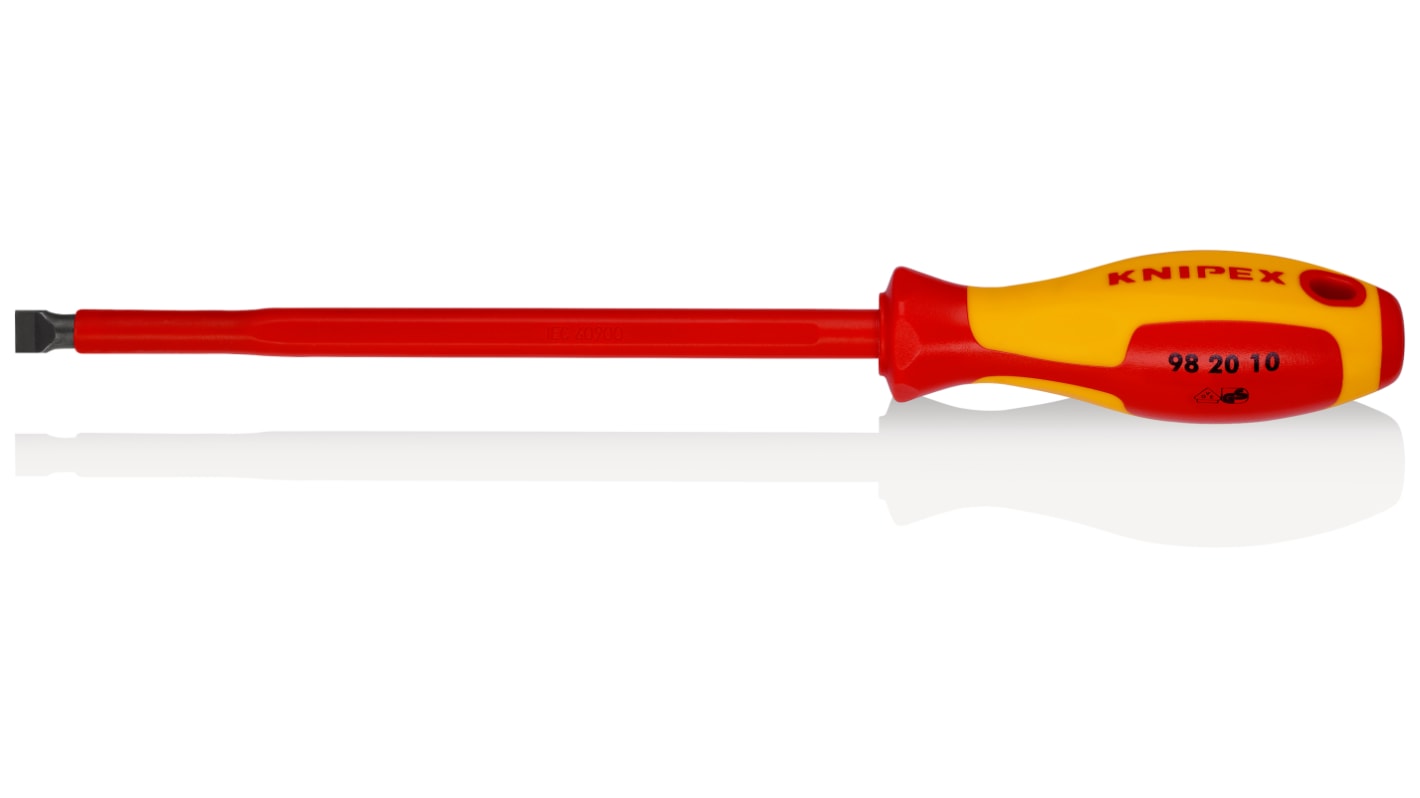 Knipex Slotted Insulated Screwdriver, 10 mm Tip, 200 mm Blade, VDE/1000V, 320 mm Overall