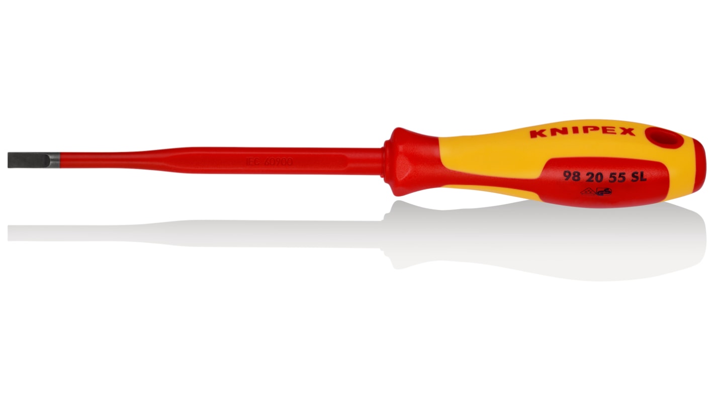 Knipex Slotted Insulated Screwdriver, 5,5 mm Tip, 125 mm Blade, VDE/1000V, 232 mm Overall