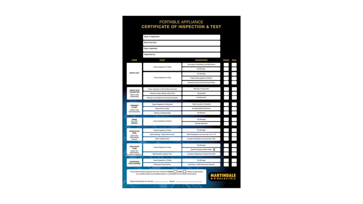 Martindale PATCERTS PAT Testing Label, For Use With PAT Testers