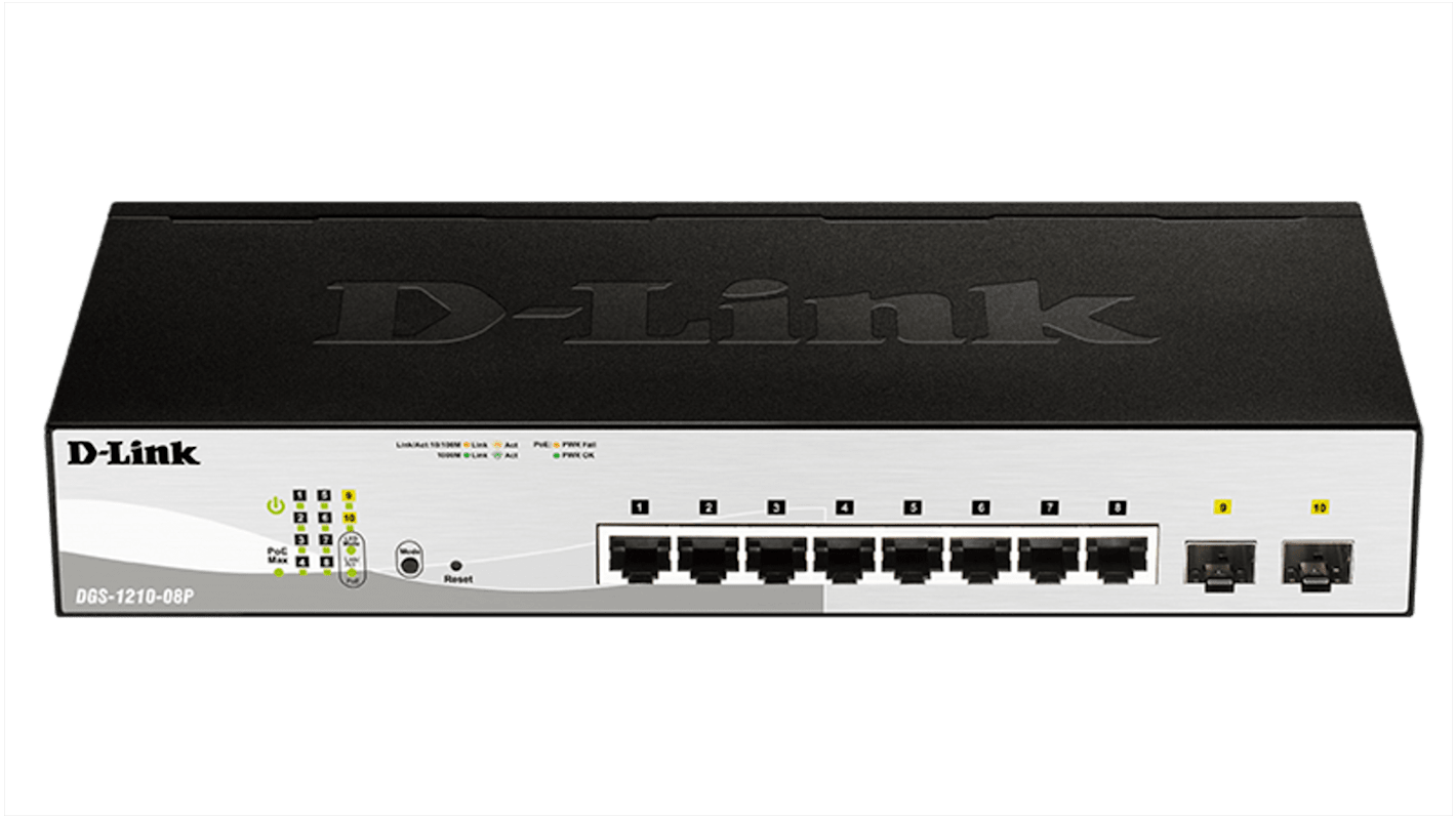 Switch inteligente D-Link Sobremesa, montaje en rack con PoE, 10 puertos, Gigabit, 10/100/1000Mbit/s, 8 RJ45, 2 SFP