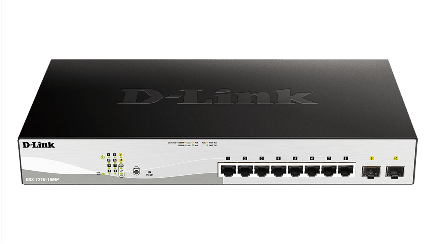 Switch inteligente D-Link Sobremesa, montaje en rack con PoE, 10 puertos, Gigabit, 10/100/1000Mbit/s, 8 RJ45, 2 SFP