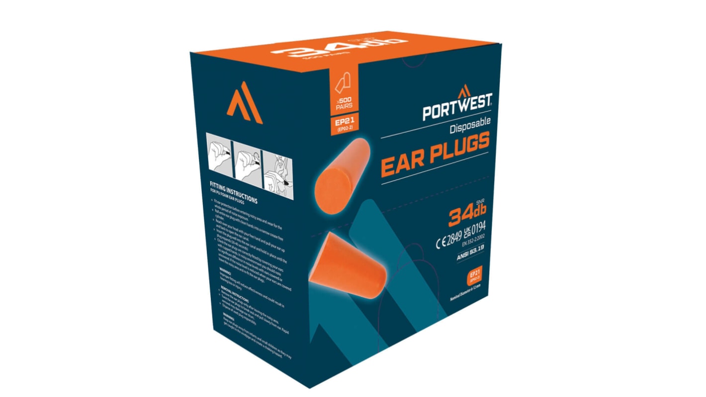 Portwest EP Series Orange Disposable Uncorded Ear Plugs, 34dB Rated, 500 Pairs