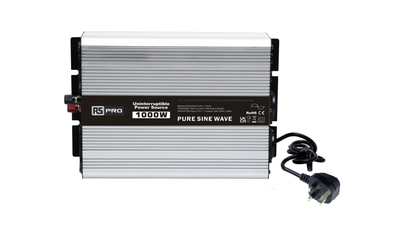 RS PRO Pure Sine Wave 1000W Fixed Installation DC-AC Power Inverter, 12V dc Input, 230V ac Output, No