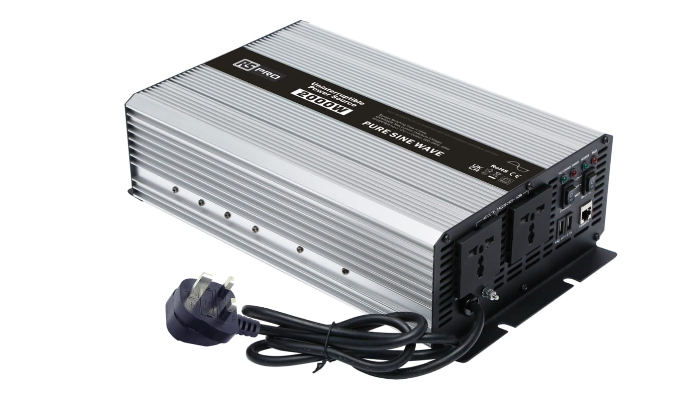 RS PRO Pure Sine Wave 2000W Fixed Installation DC-AC Power Inverter, 24V dc Input, 230V ac Output, No