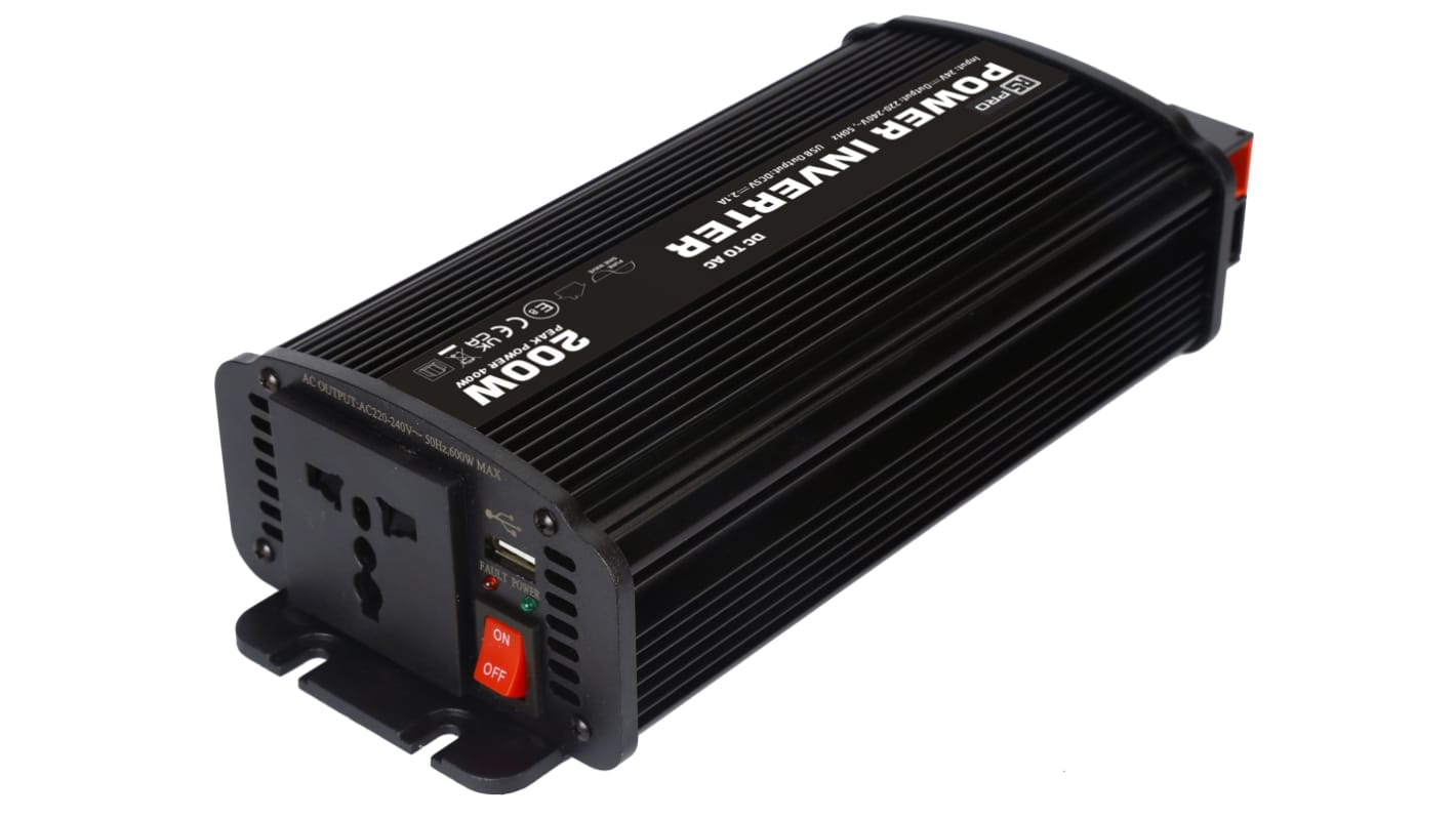 RS PRO Pure Sine Wave 200W Fixed Installation DC-AC Power Inverter, 24V dc Input, 230V ac Output, No