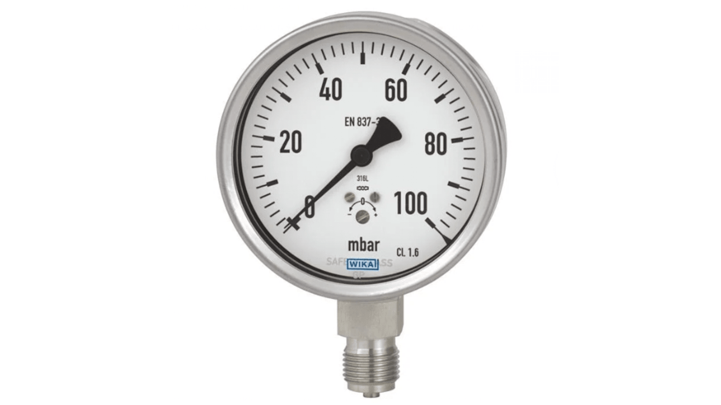 WIKA 63X.50 Druckmessgerät Prozessanschluss unten Analog 0mbar → 100mbar, Ø 100mm NPT1/2